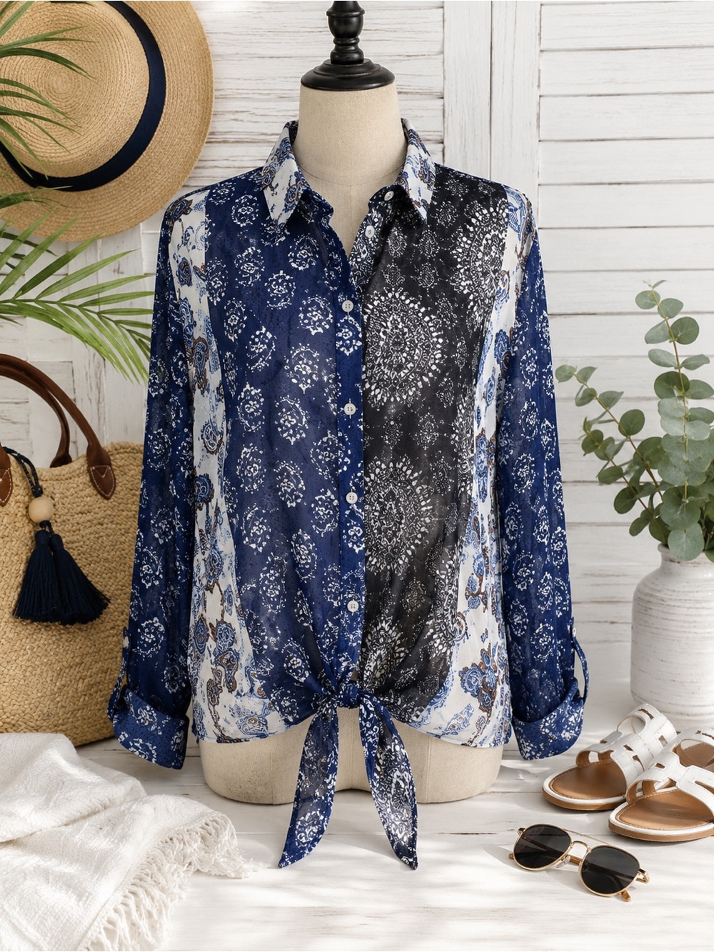 Chico’s Blue Patchwork Paisley Sheer Tie Front Roll Tab Blouse Size 2 M